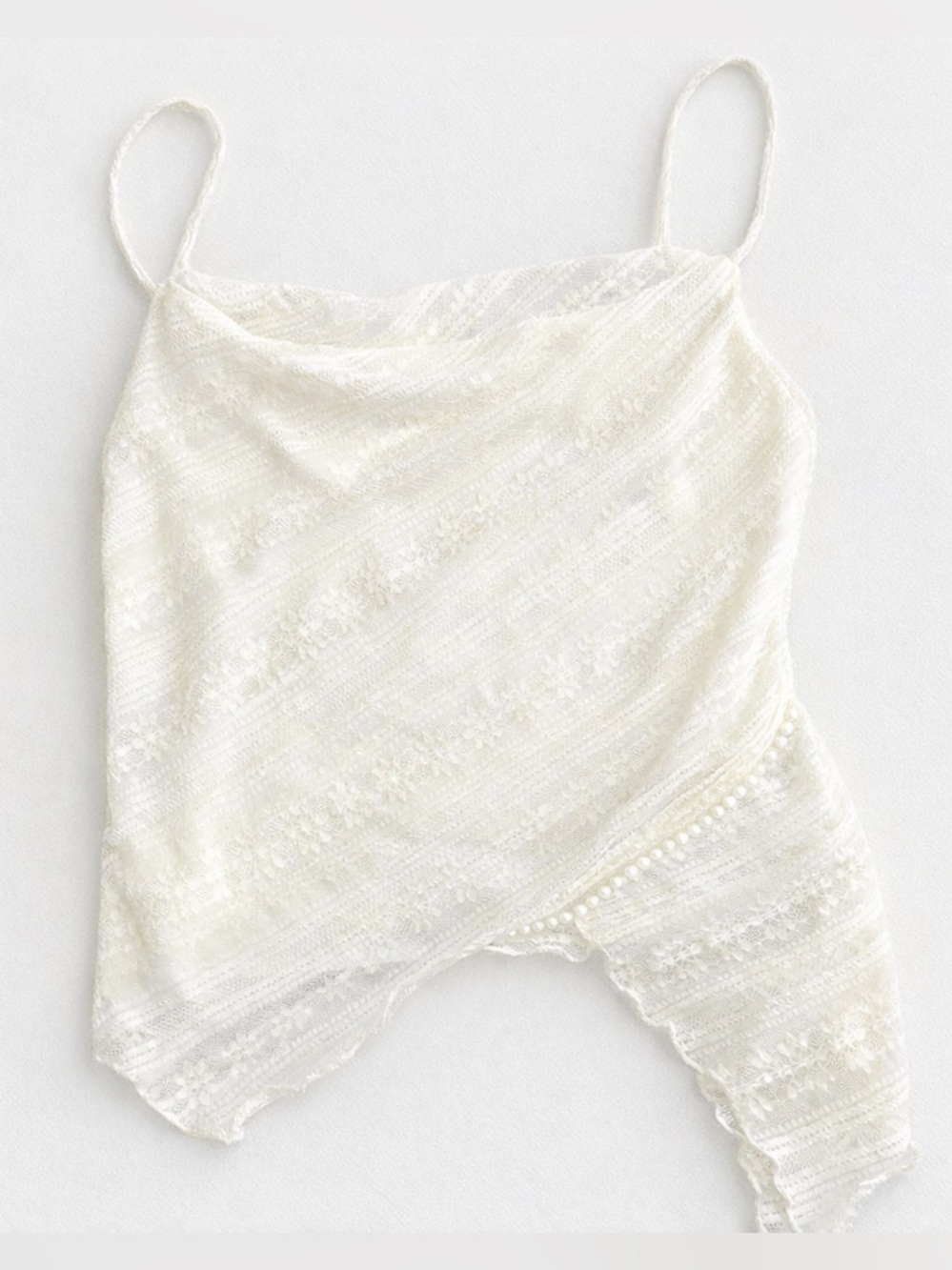 SOLD Lace Camisole XL Ivory Pearl Trim Asymmetrical Y2K Coquette Top - Picture 3 of 12